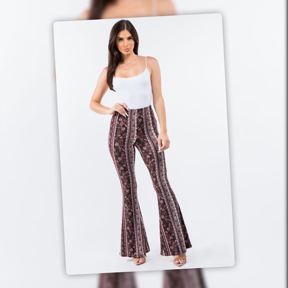 Tik Tok Famous Brown Tribal Print Bell Bottom Flare Stretch Pants - Picture 3 of 11